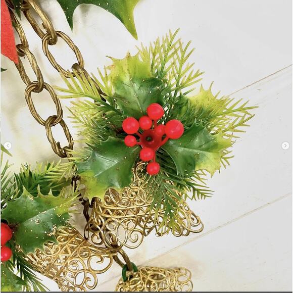 Vintage Christmas Wall Decor Flocked Plastic Poinsettia Bells Holly Berries - Picture 4 of 6